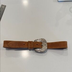 Brown Leather Belt with Silver Buckle 30 inch size medium vintage cowboy